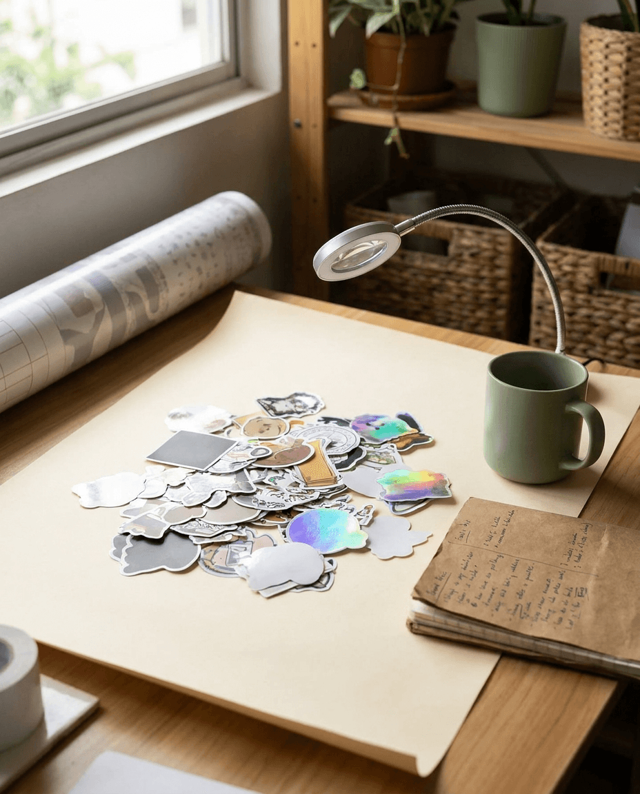 A QC desk vignette in the Pasig studio: stacked sticker samples in mixed finishes, an inspection light, a sage ceramic mug.