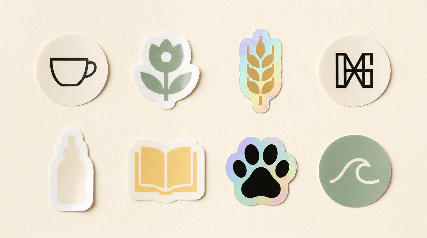 Flatlay grid of eight sample stickers from PH small businesses: cafe, boutique, bakery, design studio, skincare, bookstore, pet shop, surf shop.